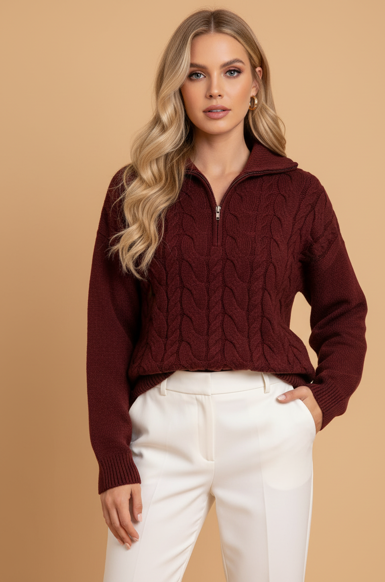 Signature Zip Collar Cable-Knit Sweater