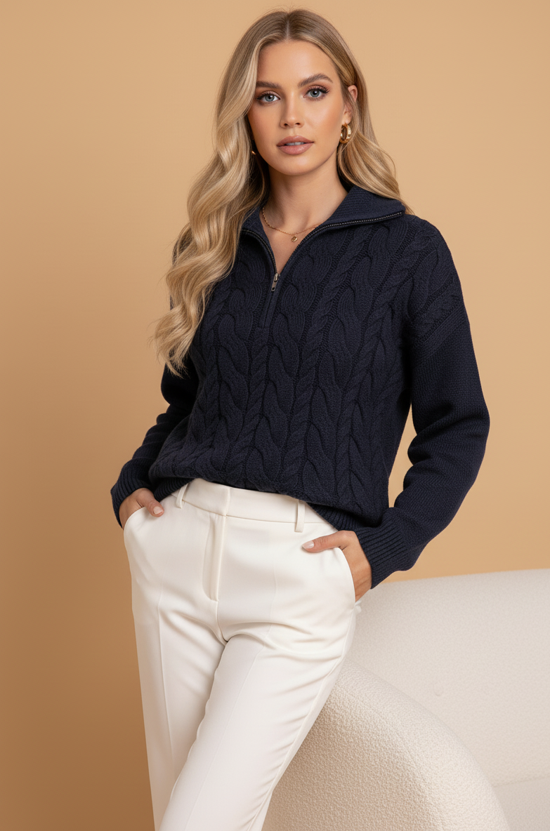 Signature Zip Collar Cable-Knit Sweater