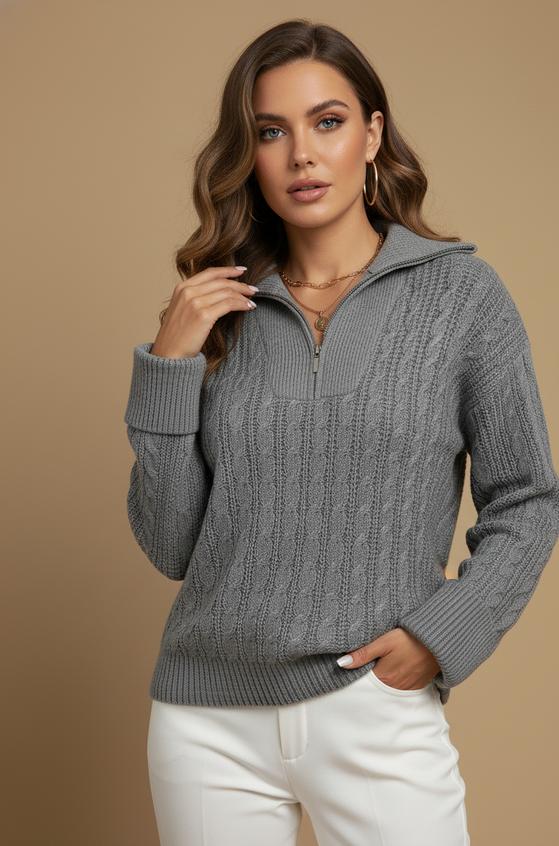 Gray Cable Knit Quarter Zip