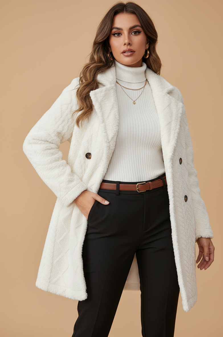 Premium Pearl White Fleece Longline Coat